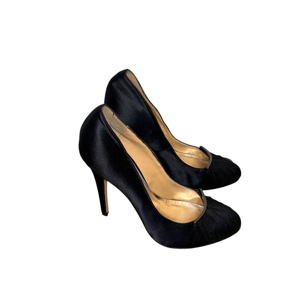 Badgley Mischka Black Satin Slip On High Heel Almond Toe Women's Pumps Size 7.5 - Picture 1 of 9